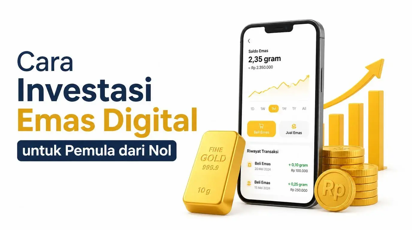 Ilustrasi investasi emas digital untuk pemula dengan gawai dan tabungan emas