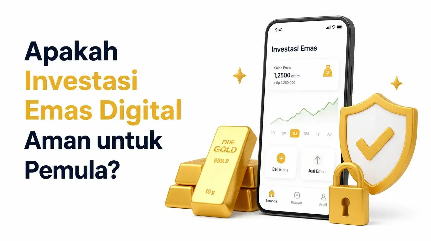 Ilustrasi keamanan investasi emas digital untuk pemula dengan gembok dan gawai