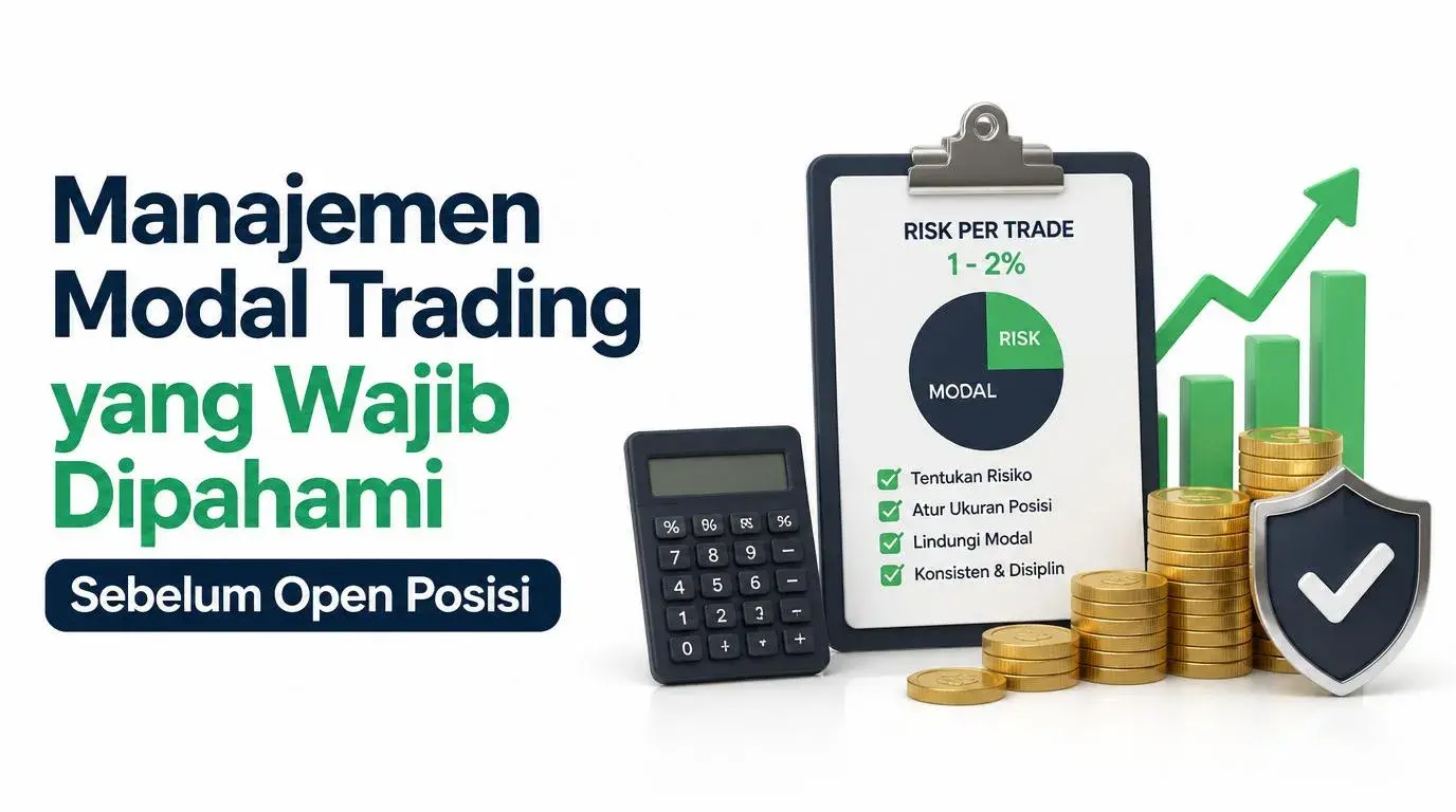 Ilustrasi manajemen modal trading dengan grafik dan kalkulator risiko