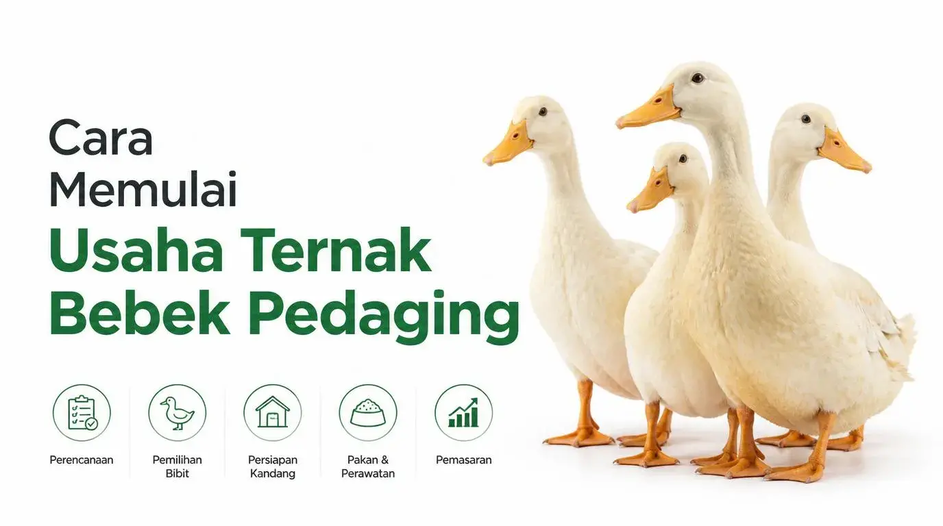Ilustrasi ternak bebek pedaging dengan kandang sederhana