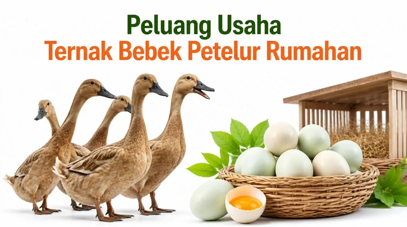 Ilustrasi ternak bebek petelur rumahan dengan kandang sederhana